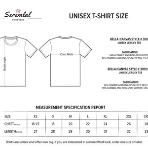 May include: Unisex t-shirt size chart with measurements in inches for chest and length. Sizes range from XS to 3XL. The chart includes fabric details for Bella+Canvas style #3001 and #3001 CVC.