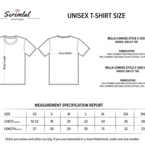 May include: Unisex t-shirt size chart with measurements in inches for chest and length. Sizes range from XS to 3XL. The chart includes fabric details for Bella+Canvas style #3001 and #3001 CVC.