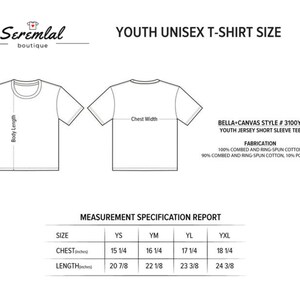 May include: Size chart for youth unisex t-shirts. The chart shows chest and length measurements in inches for sizes YS, YM, YL, and YXL. The t-shirts are made from 100% combed and ring-spun cotton or 90% combed and ring-spun cotton and 10% polyester.