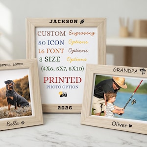 May include: Three light wood picture frames with custom engravings. The center frame displays text options including CUSTOM Engraving, 80 ICON Options, 16 FONT Options, 3 SIZE Options (4X6, 5X7, 8X10), and PRINTED PHOTO OPTION. Side frames show photos.