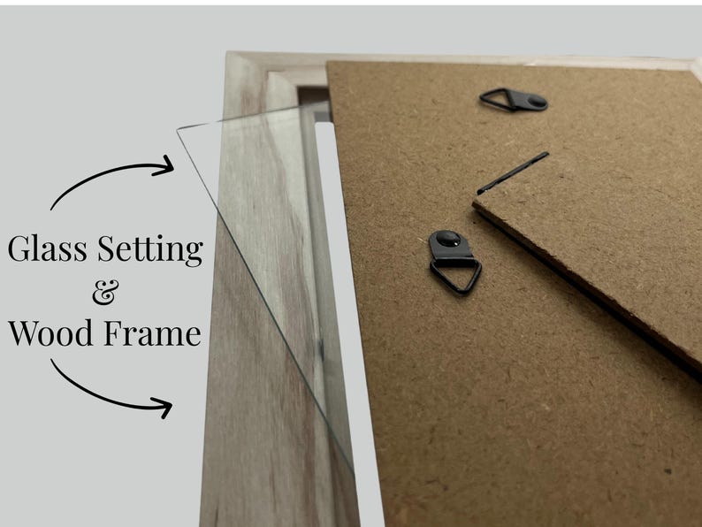 May include: Close-up of a wooden picture frame with a glass setting. The back of the frame is visible, showing hanging hardware. Text on the image reads "Glass Setting & Wood Frame."