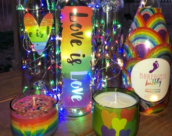 Love is Love LGBTQ Pride Wine Bottle Fairy String Lights and Candles / Lighted Wine Bottle / Gift / Bar Decor