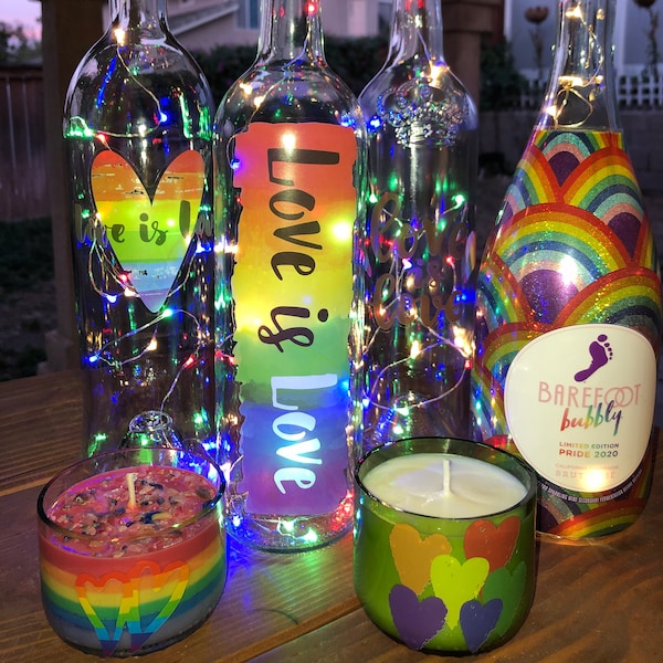 Love is Love LGBTQ Pride Wine Bottle Fairy String Lights and Candles / Lighted Wine Bottle / Gift / Bar Decor