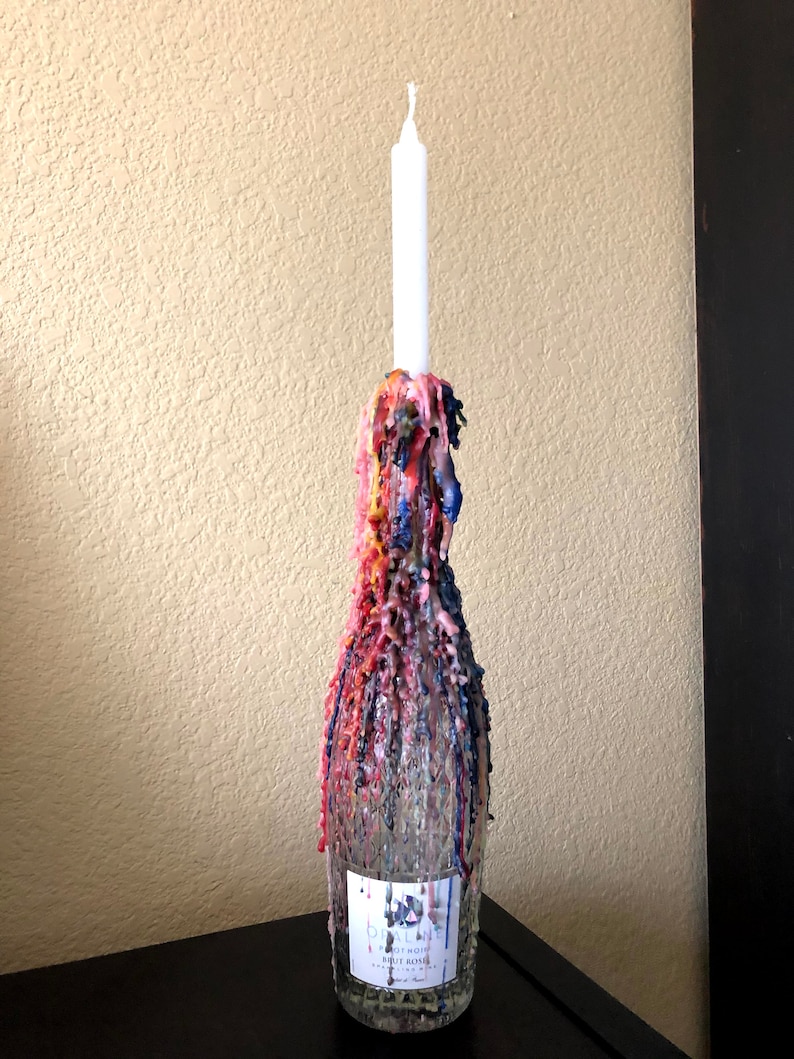 Wine Bottle With Color Changing Drip Candle / Gift / Bar Decor / Stella