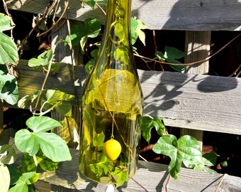 Wine Bottle Wind Chime / Green glass wine bottle yard ornament with white stone