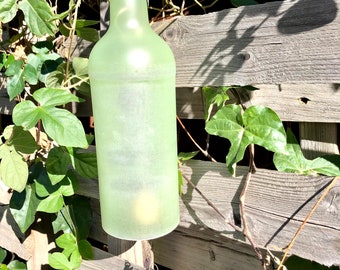 Wine Bottle Wind Chime / Green frosted wine bottle yard ornament with multicolored sail
