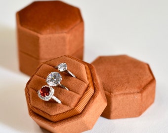 Orange Triple Octagon Velvet Ring Box, Engagement Ring Box 3 Slot