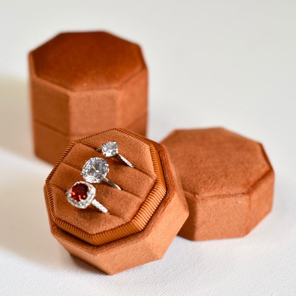Orange Triple Octagon Velvet Ring Box, Engagement Ring Box 3 Slot