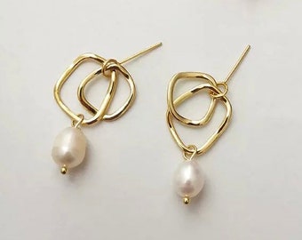 14K Gold Plated Brass  Pearl Drop Dangle Earring,Dainty Earrings,Freshwater Pearl Earrings