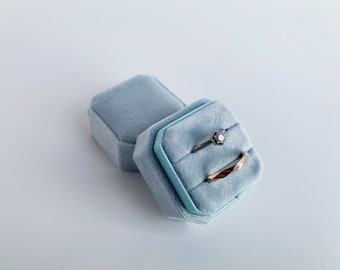 Caja de terciopelo azul bebé para anillos: caja octagonal hecha a mano para propuestas, 2 compartimentos