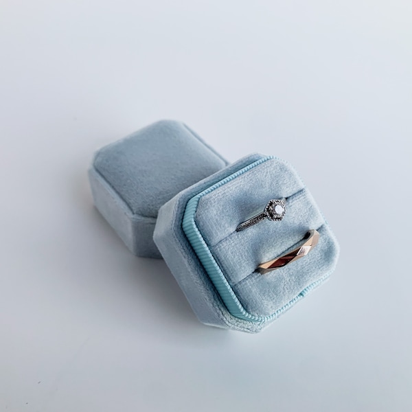 Baby Blue Square Octagon Velvet Wedding Ring Box, Proposal Ring Box, Engagement Ring Box, jewelry box, Monogram Box