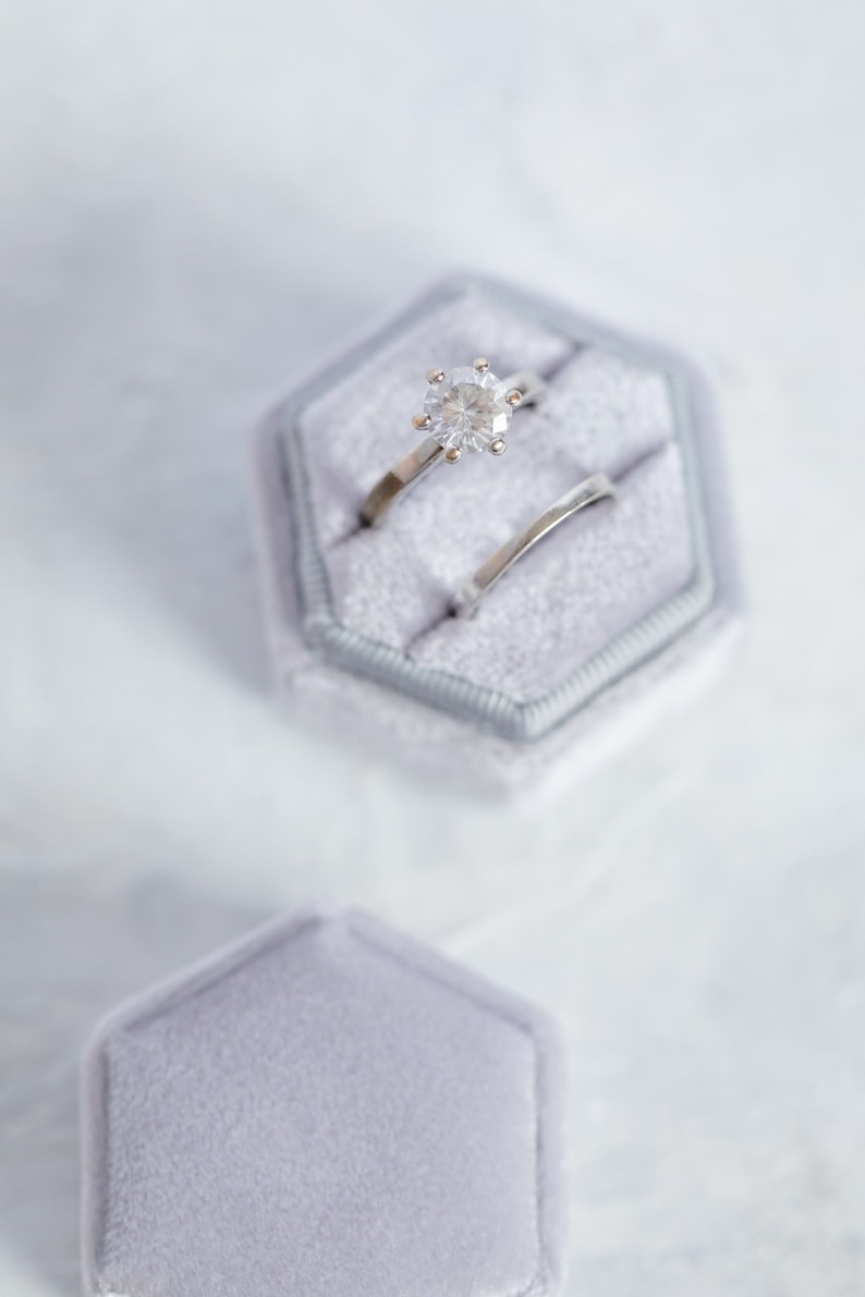 Grey Velvet Wedding Ring Box, velvet ring box, proposal box, grey ring box, hexagon ring box, Handmade, Vintage Ring box, Monogram Box image 1