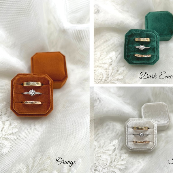 17 Colors- Triple Square Octagon Velvet Ring Box, 3 Slot Engagement Ring Box