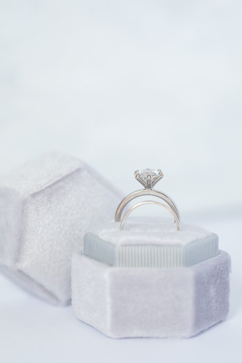 Grey Velvet Wedding Ring Box, velvet ring box, proposal box, grey ring box, hexagon ring box, Handmade, Vintage Ring box, Monogram Box image 5