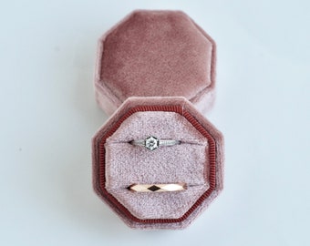 Caja octagonal para anillos de terciopelo rosa malva: propuesta de matrimonio hecha a mano, 2 compartimentos