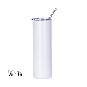 May include: White stainless steel tumbler with a clear lid and a stainless steel straw. The tumbler is 20 ounces and has a white finish.