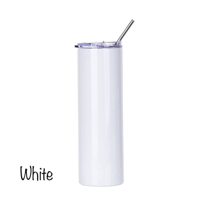 May include: White stainless steel tumbler with a clear lid and a stainless steel straw. The tumbler is 20 ounces and has a white finish.