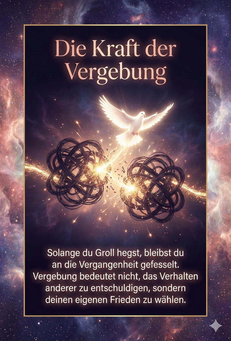 May include: An inspirational image with the text "Die Kraft der Vergebung" (The Power of Forgiveness). It features a white dove, two intertwined dark shapes, and text in German about forgiveness and choosing inner peace.
