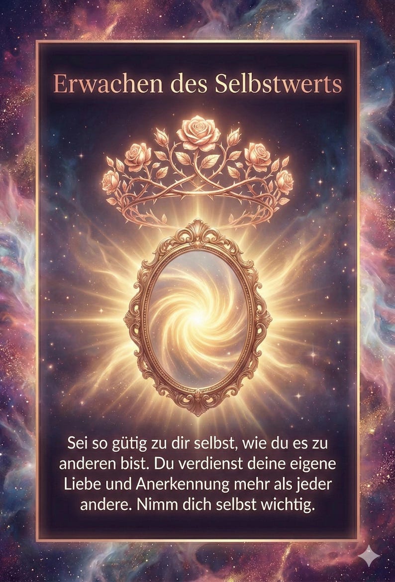 May include: An illustration featuring a golden crown with rose details above an ornate oval mirror. The mirror reflects a bright, swirling light. The text "Erwachen des Selbstwerts" is at the top, with inspirational text below.
