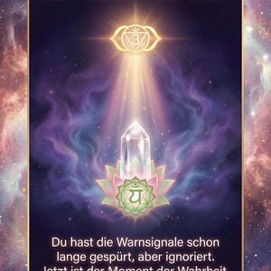 May include: An artistic digital illustration with the text "Die Wahrheit der Seele". The image features a glowing golden symbol, a clear crystal, and a lotus flower. The background is a nebula of purple and blue hues. Text in German is also present.