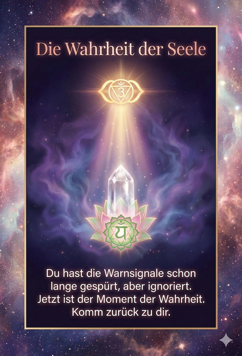 May include: An artistic digital illustration with the text "Die Wahrheit der Seele". The image features a glowing golden symbol, a clear crystal, and a lotus flower. The background is a nebula of purple and blue hues. Text in German is also present.