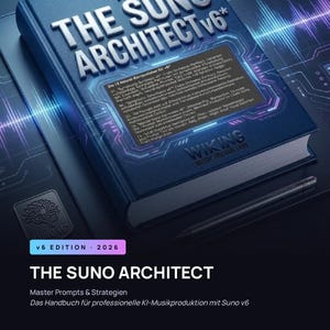Könnte beinhalten: Ein dunkelblaues Buch mit dem Titel The Suno Architect v6 und einem digitalen Schaltkreismuster auf dem Einband. Der Einband zeigt Text über neuronale Komponisten und Musikproduktion. Ein Eingabestift liegt neben dem Buch.
