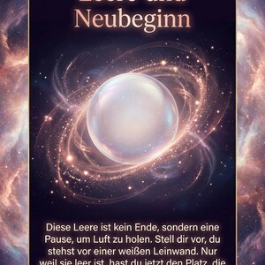 May include: An artistic digital image featuring a glowing orb surrounded by swirling light and stars. The text "Leere und Neubeginn" is at the top, with additional text below. The background is a cosmic nebula.