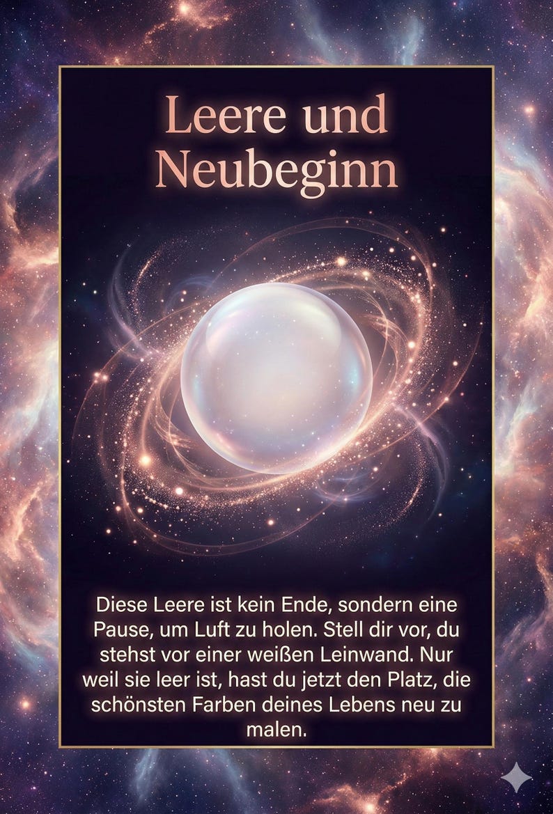 May include: An artistic digital image featuring a glowing orb surrounded by swirling light and stars. The text "Leere und Neubeginn" is at the top, with additional text below. The background is a cosmic nebula.