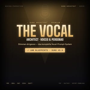 Könnte beinhalten: Eine digitale Grafik mit dem Titel THE VOCAL ARCHITECT VOICES & PERSONAS und einem Mikrofonsymbol. Der Text umfasst WIKING-PRODUCTION, SUNO ARCHITEKT PREMIUM, 100 BLUEPRINTS, SUNO V5.5 sowie Kategorien wie POP, SOUL, RAP, DIVA, DUETT auf Gold.