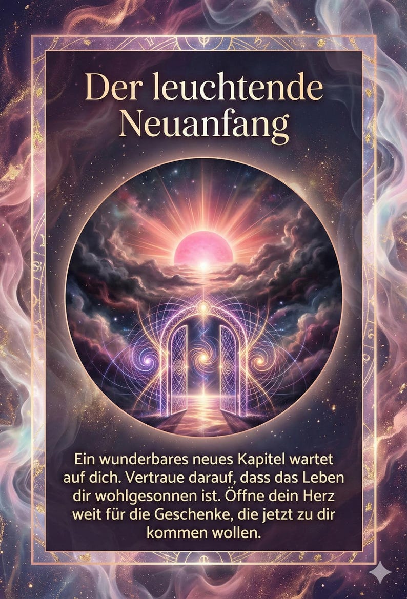 May include: An illustrated card with the text "Der leuchtende Neuanfang" and a circular image of a pink sun rising over a portal. The background features swirling clouds and a starry sky, with additional text below.