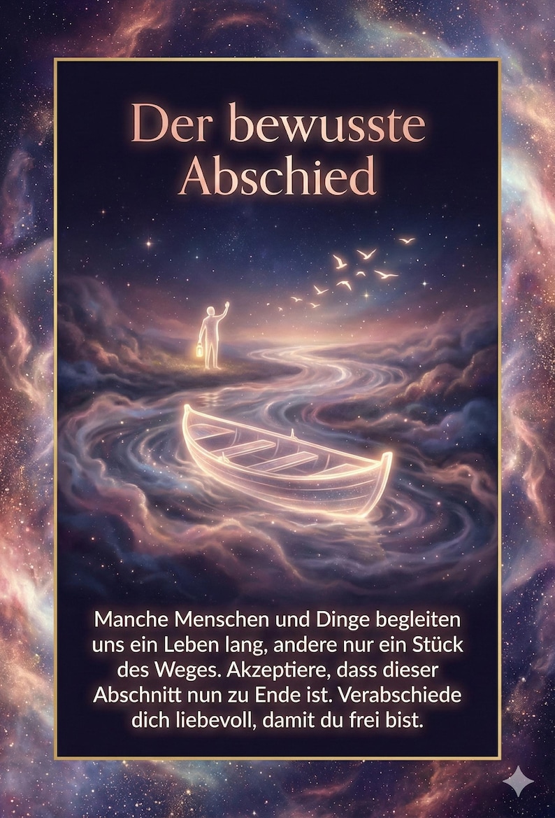 May include: An inspirational image with the text "Der bewusste Abschied." A glowing boat floats on a river of clouds, with a figure holding a lantern on the shore. Birds fly in the starry sky. The image conveys themes of letting go and acceptance.