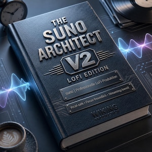 Könnte beinhalten: Ein dunkelblaues Hardcover-Buch mit dem Titel THE SUNO ARCHITECT V2 LOFI EDITION. Der Einband zeigt metallischen Text, zwei rechteckige Platten mit deutschem Text und das WIKING PRODUCTION Logo vor einem dunklen Hintergrund mit Lichtwellen.