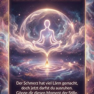 May include: Digital art print featuring a meditating figure within a glowing orb, with text in German: "R&uuml;ckkehr zur inneren Ruhe." The image has a cosmic background with swirling colors and a golden drop emanating from the figure.