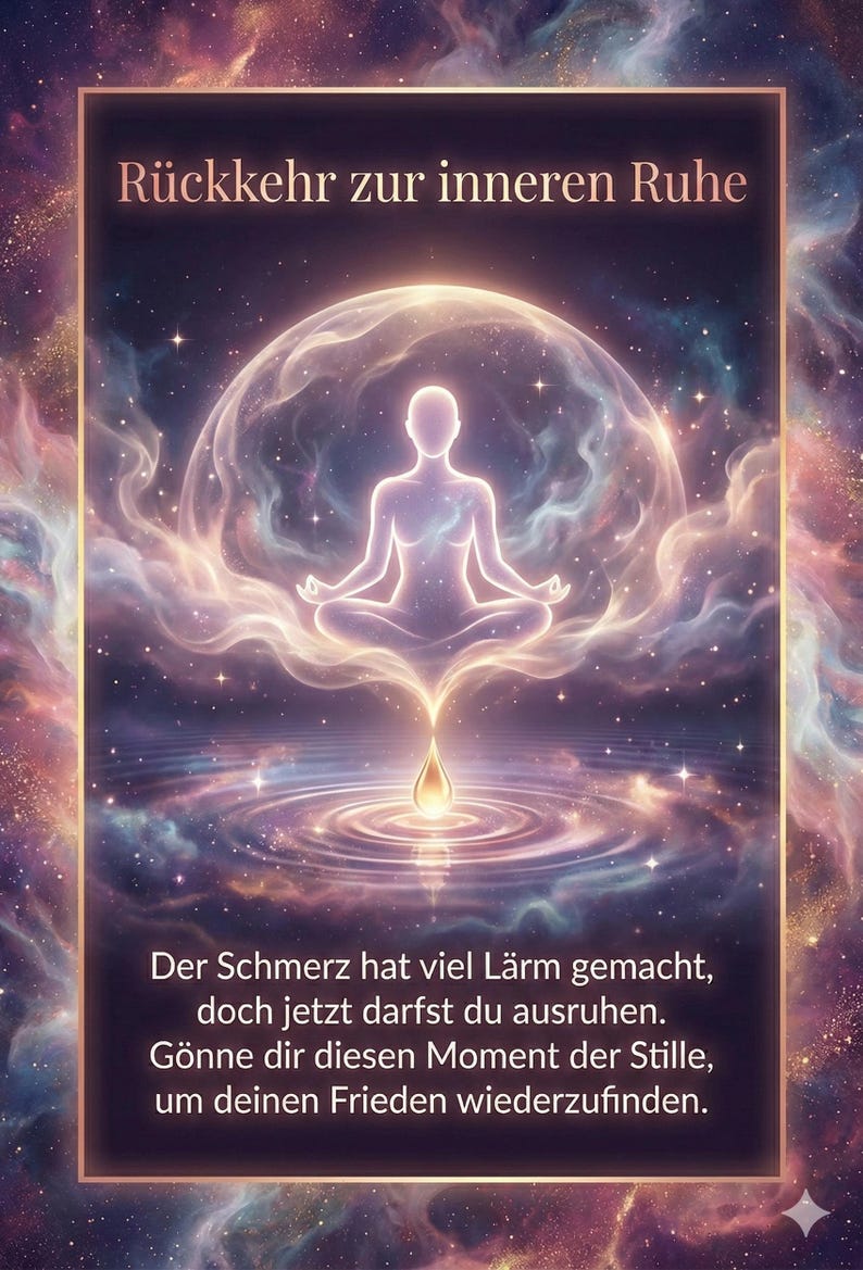 May include: Digital art print featuring a meditating figure within a glowing orb, with text in German: "R&uuml;ckkehr zur inneren Ruhe." The image has a cosmic background with swirling colors and a golden drop emanating from the figure.