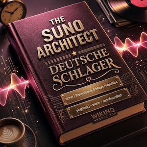 Könnte beinhalten: Ein dunkelviolettes Hardcover-Buch mit dem Titel THE SUNO ARCHITECT DEUTSCHE SCHLAGER und goldener Prägeschrift. Der Einband zeigt zwei goldene Plaketten mit dem Text suno | Professionelle Schlager-Produktion und eingängig • warm • radiofreundlich.