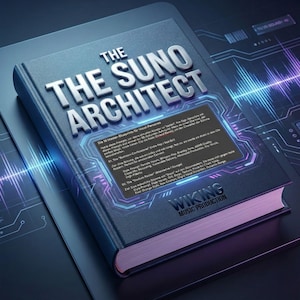 May include: A book titled "THE SUNO ARCHITECT" with silver lettering on a dark blue cover. The book has a digital design with text and a purple and blue colour scheme. The book is on a dark surface.