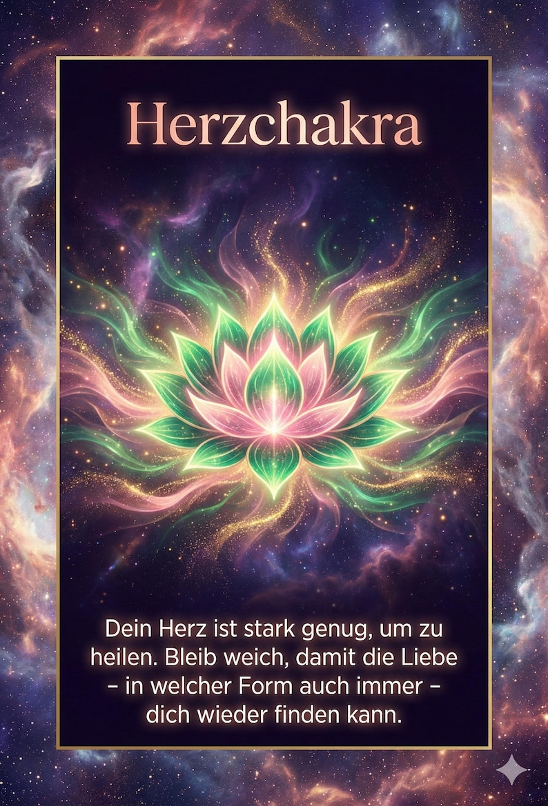 May include: A digital art print featuring a lotus flower in shades of pink and green, set against a cosmic background. The text "Herzchakra" is at the top, with German text below.