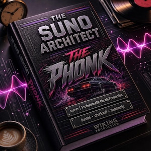 Könnte beinhalten: Ein schwarzes Hardcover-Buch mit dem Titel The Suno Architect The Phonk und einer Grafik eines dunklen Autos mit roten Rücklichtern. Das Cover enthält metallartige Platten mit dem Text suno | Professionelle Phonk-Produktion und dunkel • druckvoll • basslastig sowie den Schriftzug WIKING PRODUCTION am unteren Rand.