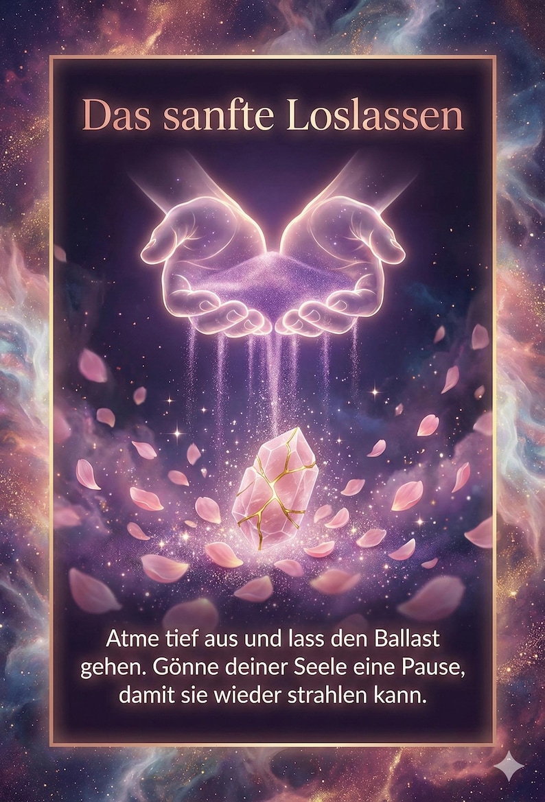 May include: An ethereal illustration featuring the text "Das sanfte Loslassen." Glowing hands release sand above a crystal, with falling petals and a cosmic background. The image conveys themes of letting go and inner peace.