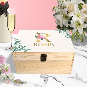 Personalised Pink Floral Memory Box | Keepsake Box | Mothers Day Floral Monogram Box | Wooden Box | Eucalyptus leaves box | Storage Box