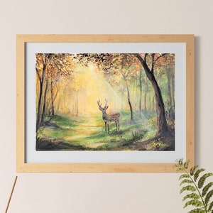 Autumn Forest Deer Gouache Art Print, A4 art print, Gouache painting, Landscape art print, Wall deco, Forest art print, postcard, A5, A6