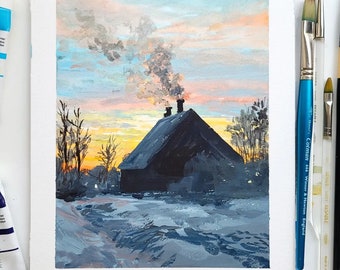 Snowy Landscape Gouache Original Painting, Gouache painting, Landscape original painting, Wall deco, Forest art, Watercolor painting