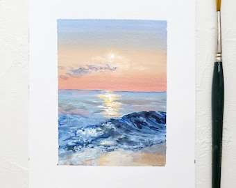 Sunset sea waves Gouache Mini Original Painting, Gouache painting, Landscape original painting, Wall deco, Forest art