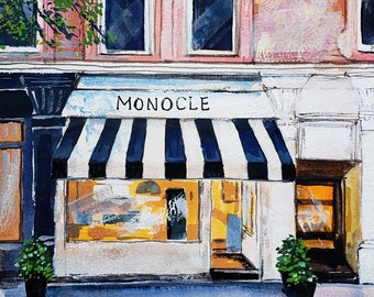 Cafe Gouache Original Painting, Gouache painting, Cityscape original painting, Wall deco, Forest art, Watercolor painting
