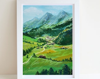 Landschap Gouache Illustratie Art Print, A4 art print, Gouache schilderij, Landschap kunst print, Muur deco, Forest art print, ansichtkaart