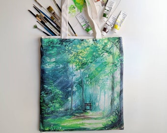 Forest print tote bag, cotton tote bag, canvas bag, 100% cotton bag, print shipping bag, shoulder bag, Painting print bag, gift for artist