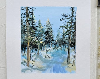 Day15/30, Winter Snow Gouache Mini Original Painting, Gouache painting, Landscape original painting, Wall deco, Forest art