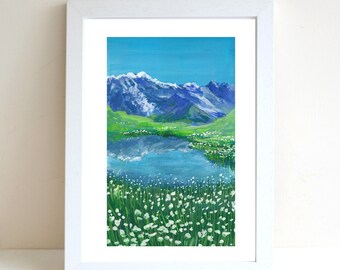 Mountain Gouache Illustration Art Print, A4 art print, Gouache painting, Landscape art print, Wall deco, Forest art print, Flower print