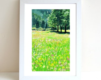Spring Flower Field Gouache Illustration Art Print, A4 art print, Gouache painting, Landscape art print, Wall deco, Forest art print