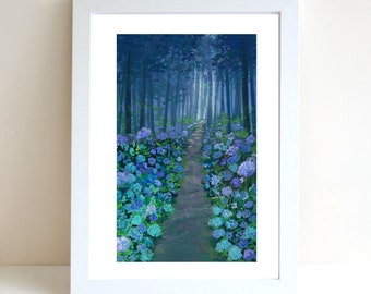 Hydrangea Forest Pathway Gouache Illustratie Art Print, A4 art print, Gouache schilderij, Landschap kunst print, Wall deco, Forest art print